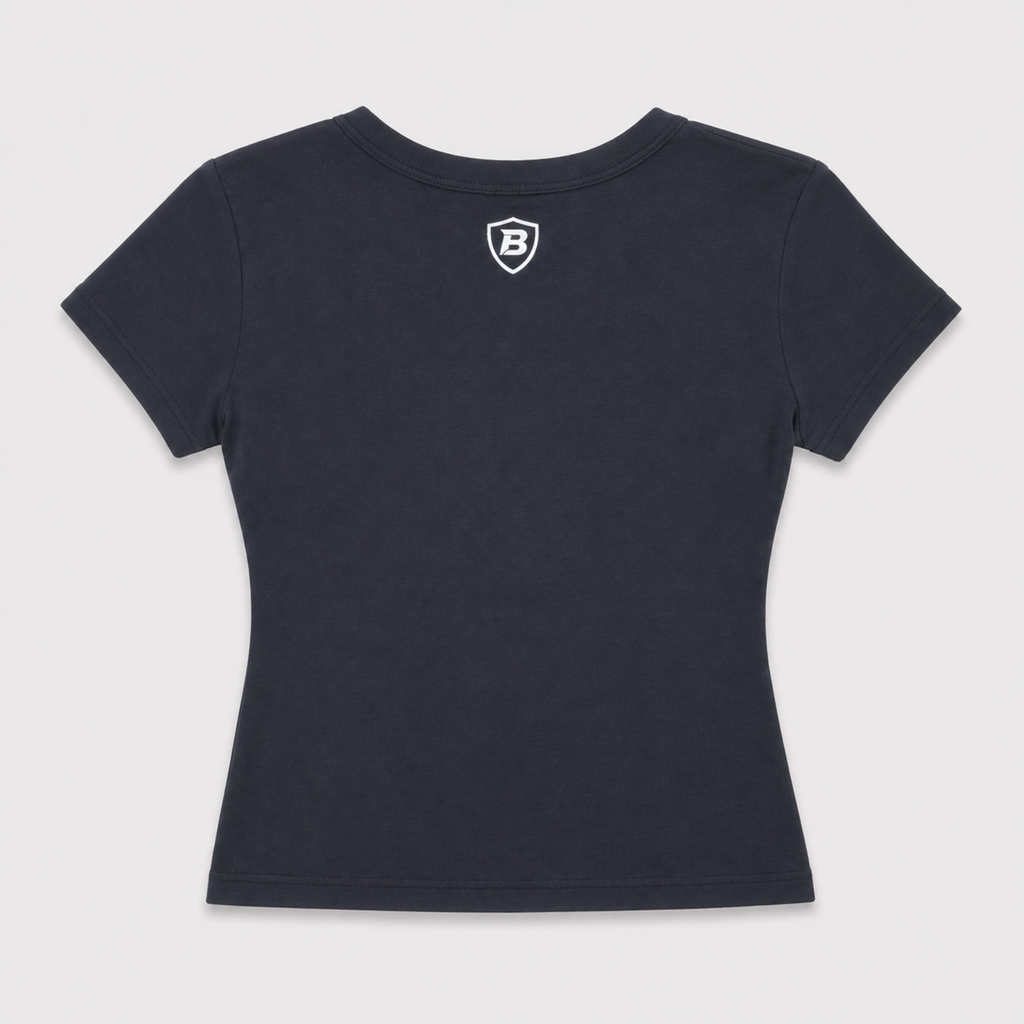 Black t-shirt with a logo on the back against a white background
