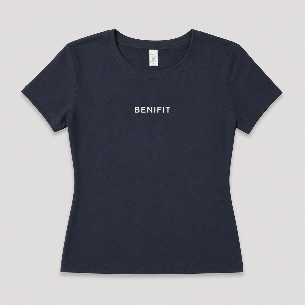 Navy blue t-shirt with 'BENIFIT' text on a light gray background