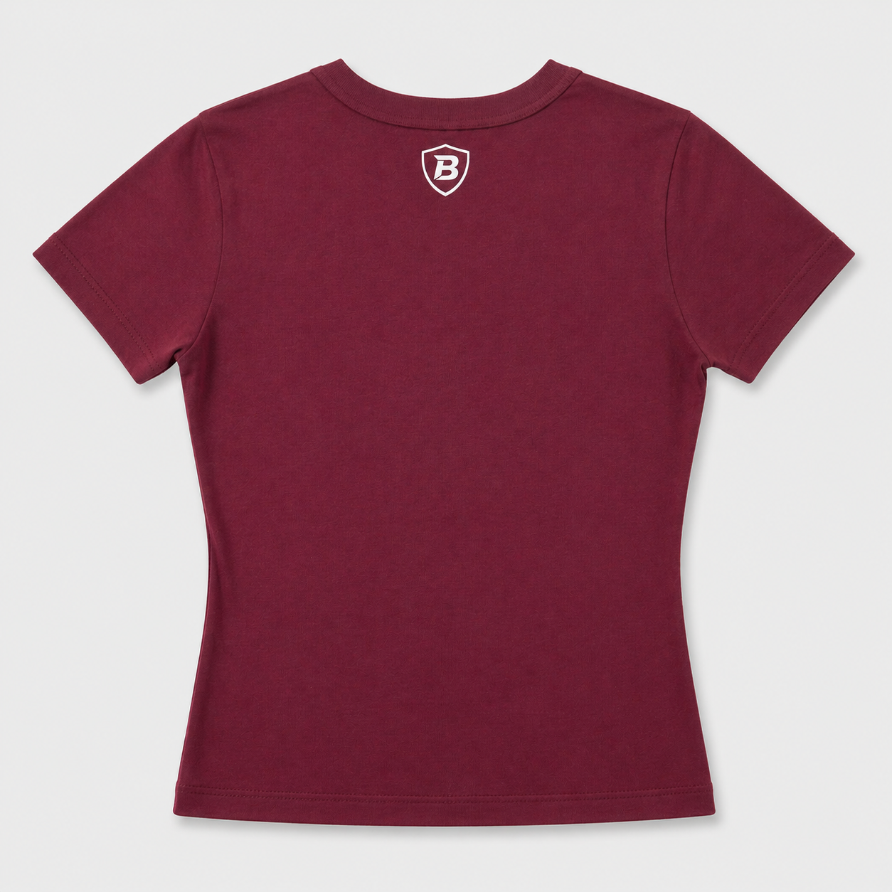 Maroon t-shirt with a logo on the back against a light gray background
