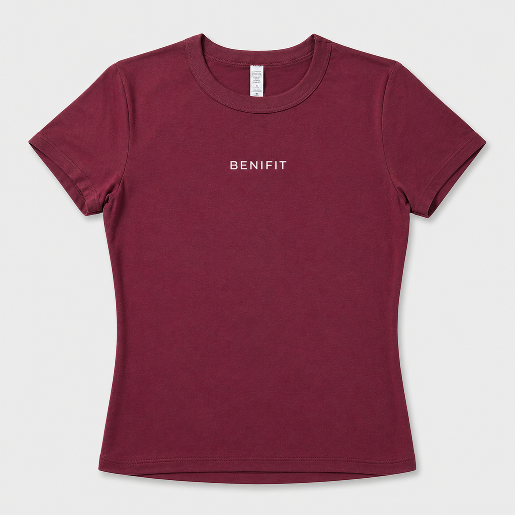 Maroon t-shirt with 'BENIFIT' text on a white background