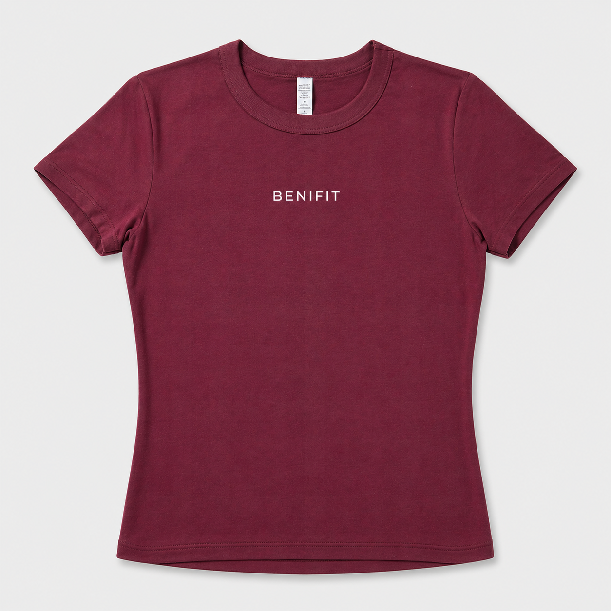 Maroon t-shirt with 'BENIFIT' text on a white background