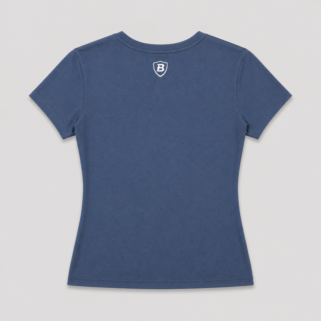Blue t-shirt with a logo on the back against a gray background