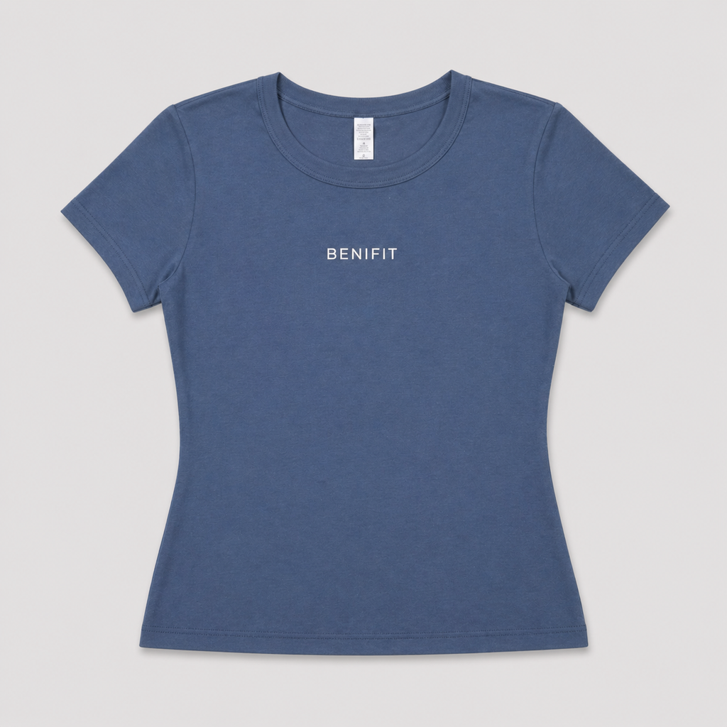 Blue t-shirt with 'BENIFIT' text on a gray background