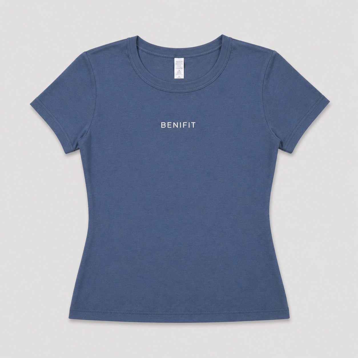 Blue t-shirt with 'BENIFIT' text on a gray background