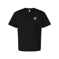 Black t-shirt with a white logo on a white background