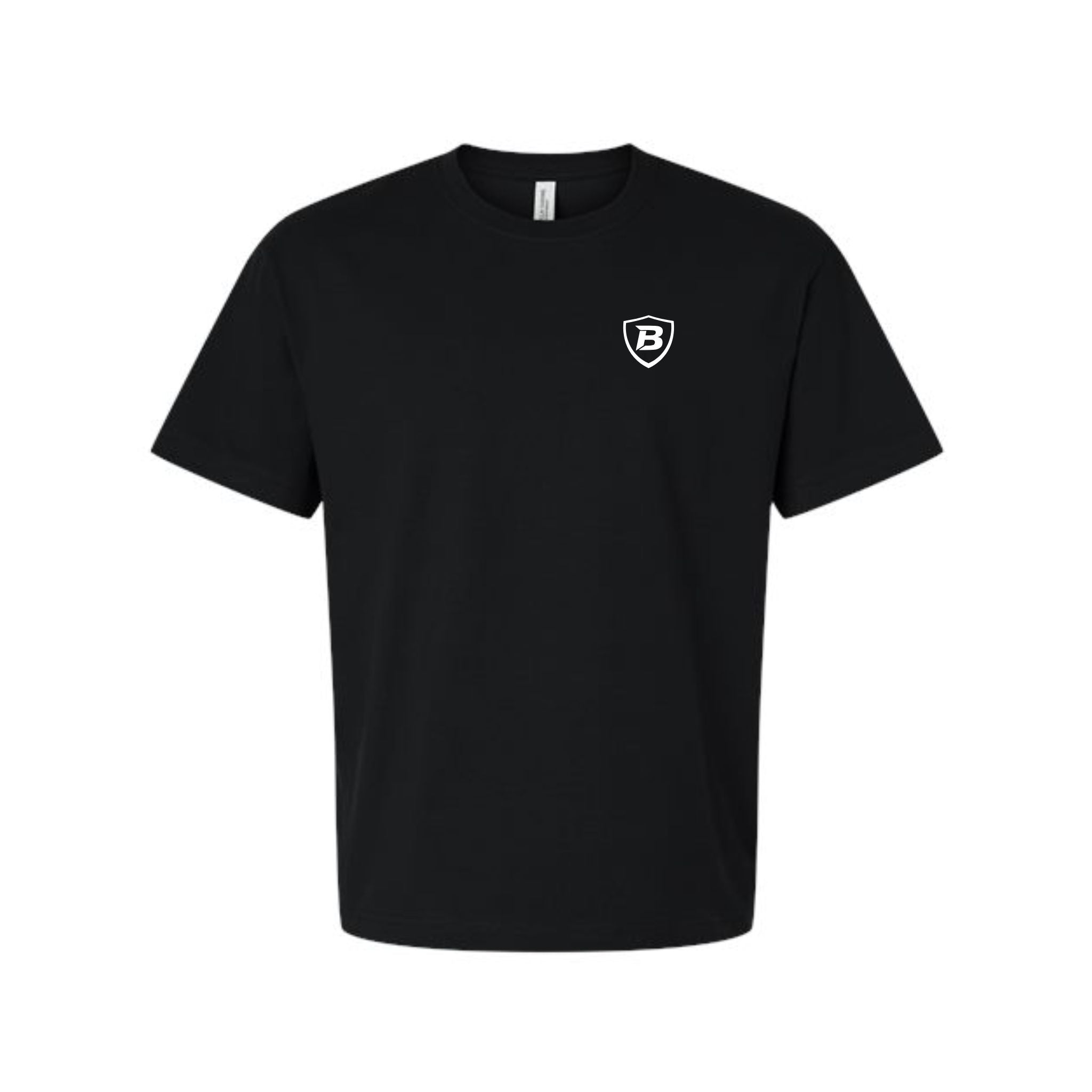 Black t-shirt with a white logo on a white background