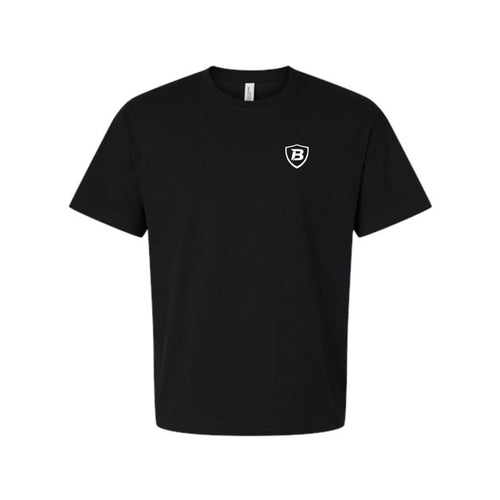 Black t-shirt with a white logo on a white background