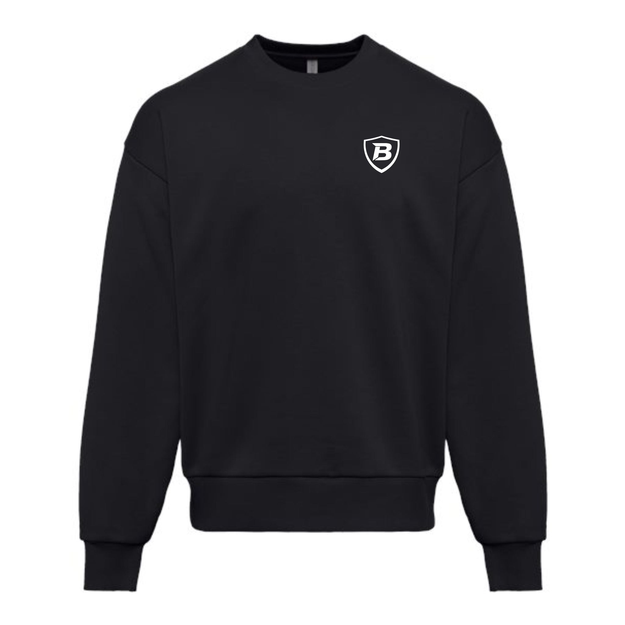 Black sweatshirt with a white benifit logo on a white background