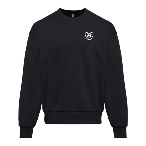 Black sweatshirt with a white benifit logo on a white background